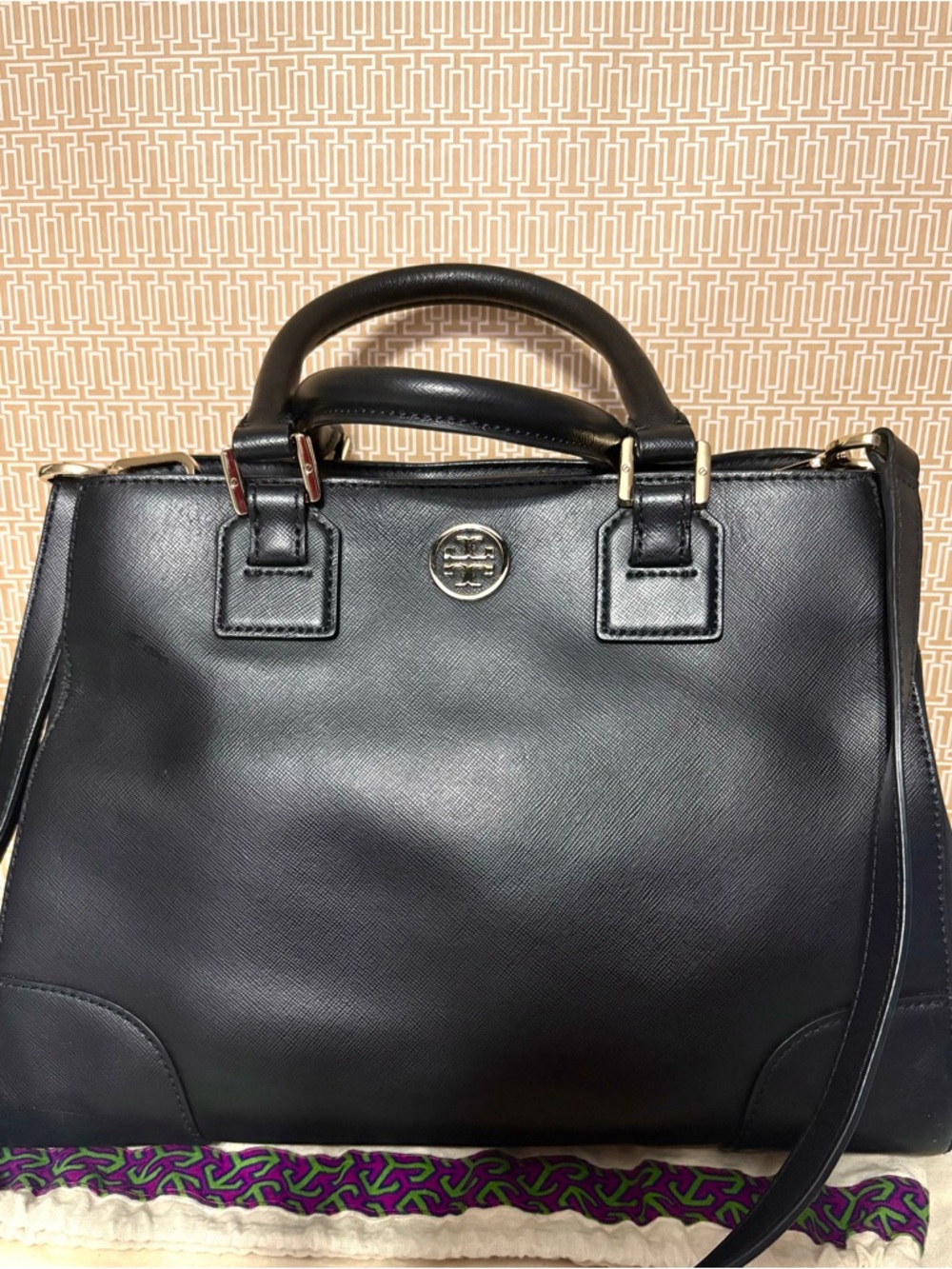 Tory Burch Black Leather Logo Satchel with Gold Hardware